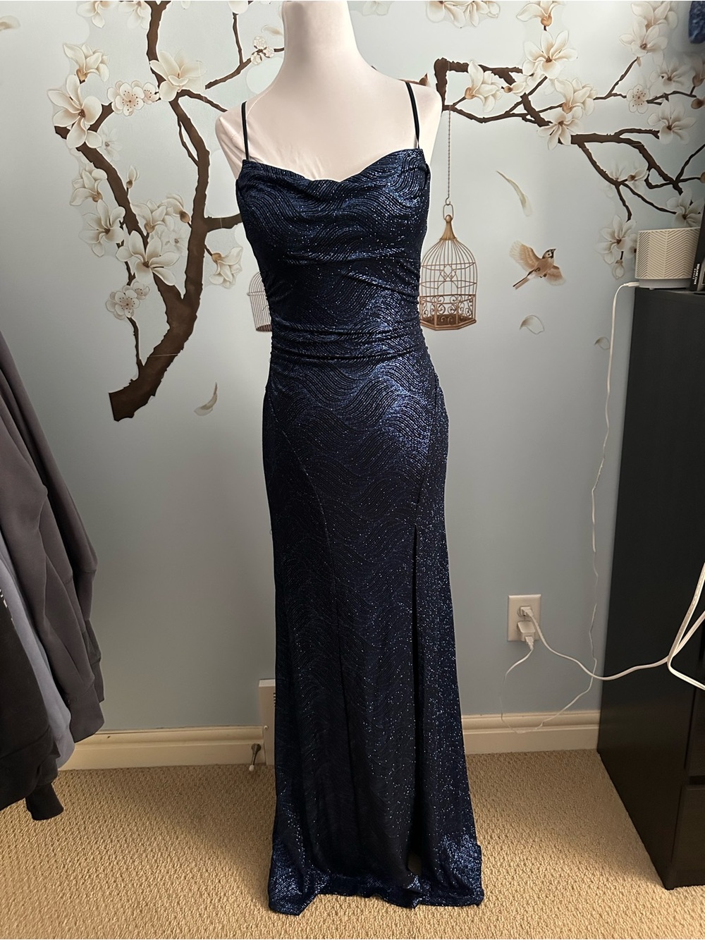 Emerald Sundae Navy Sequin Spaghetti Strap Prom Gown